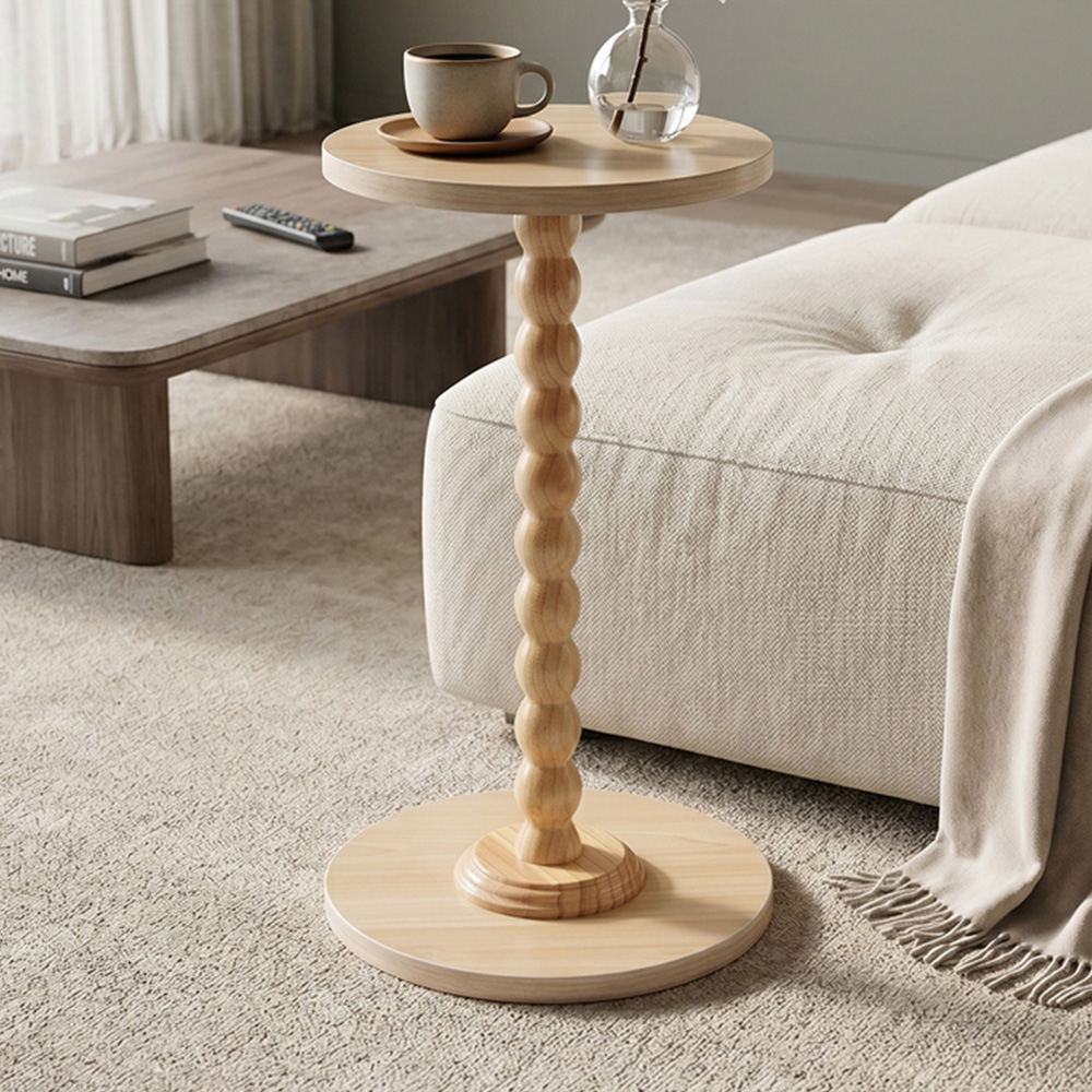 Living and Home Natural Round Spindle Pedestal Side Table Image 1