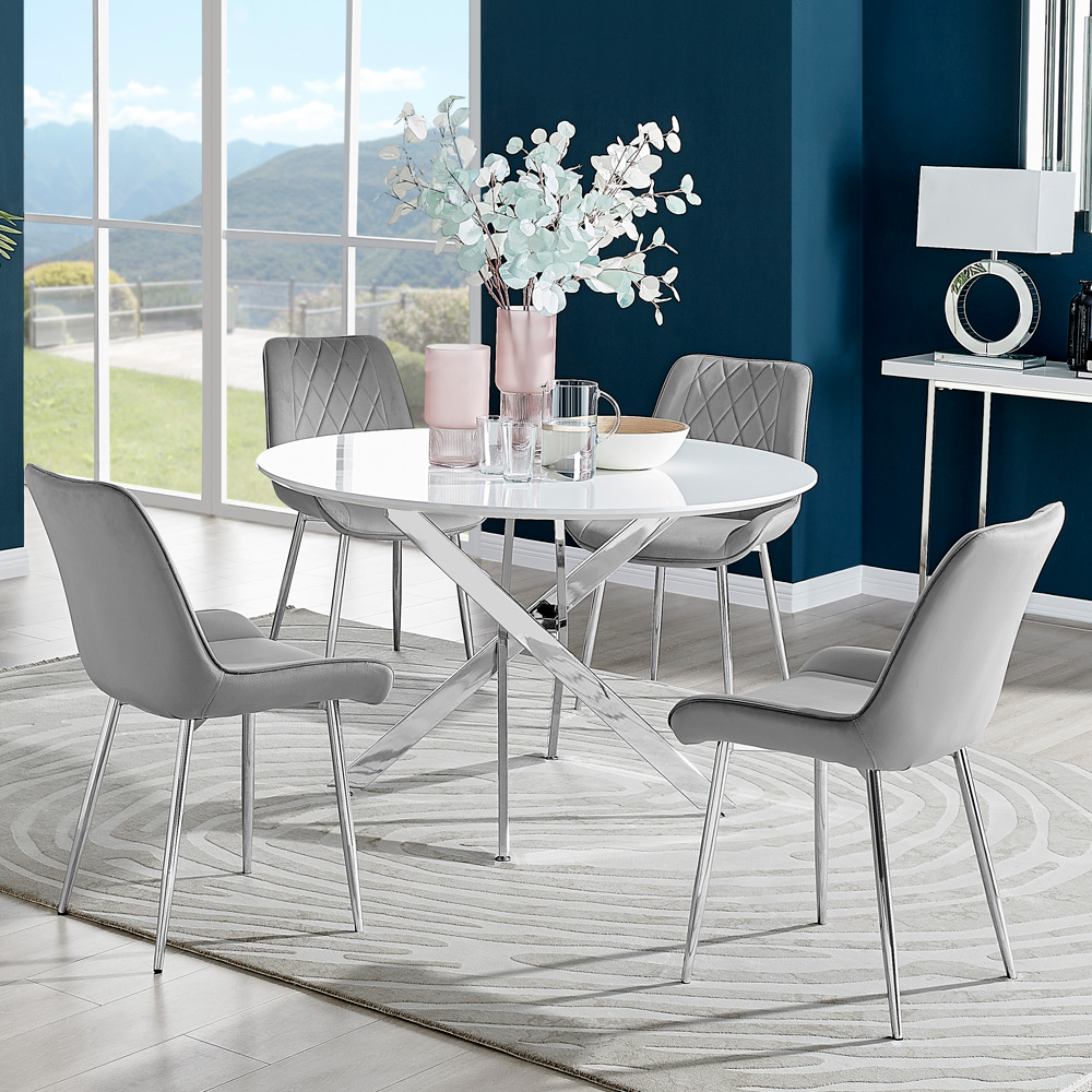 Furniturebox Arona Cesano 6 Seater Round Dining Set White Gloss Chrome and Grey Image 1