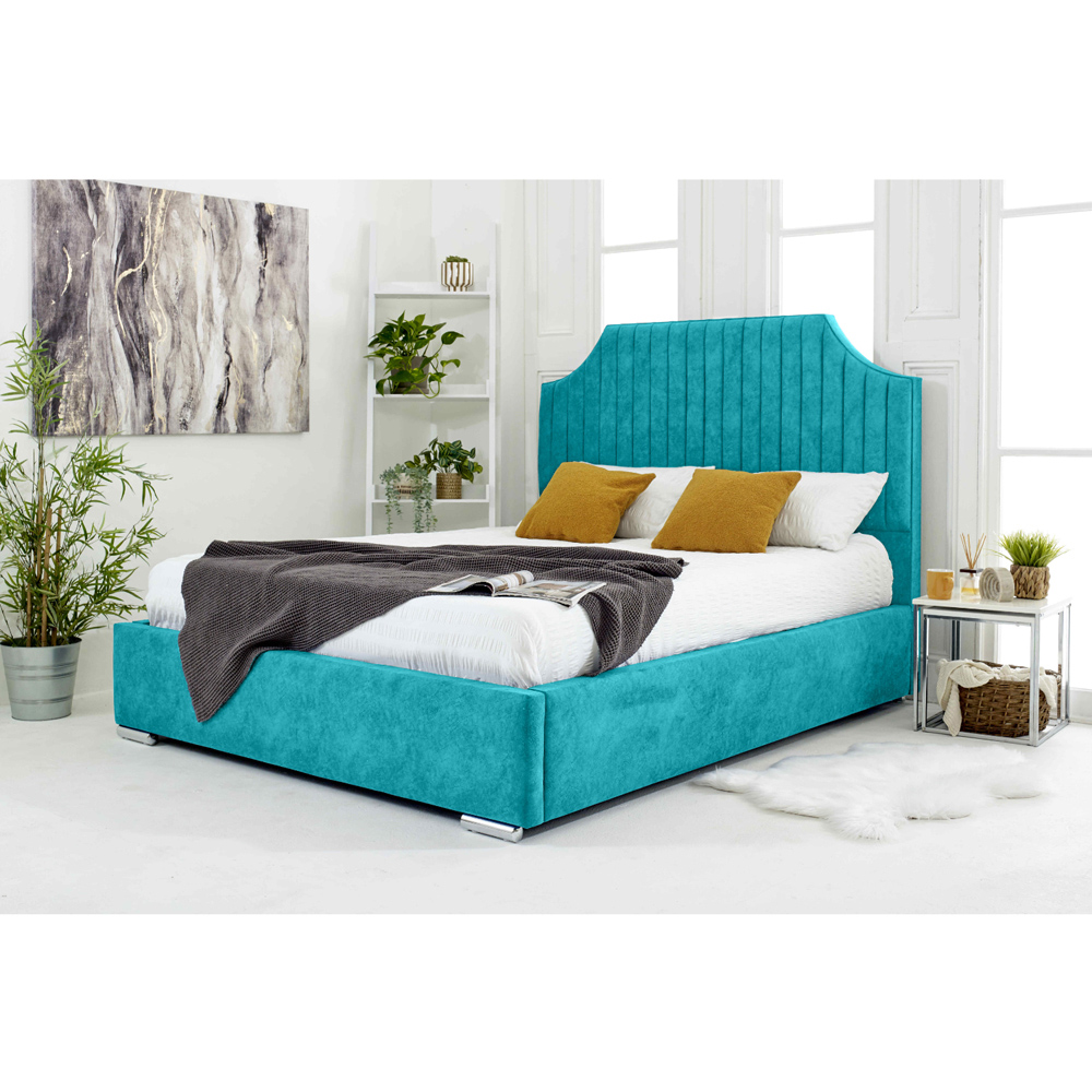 Eleganza Ascend Double Teal Plush Velvet Bed Frame with Lined Headboard Image 5