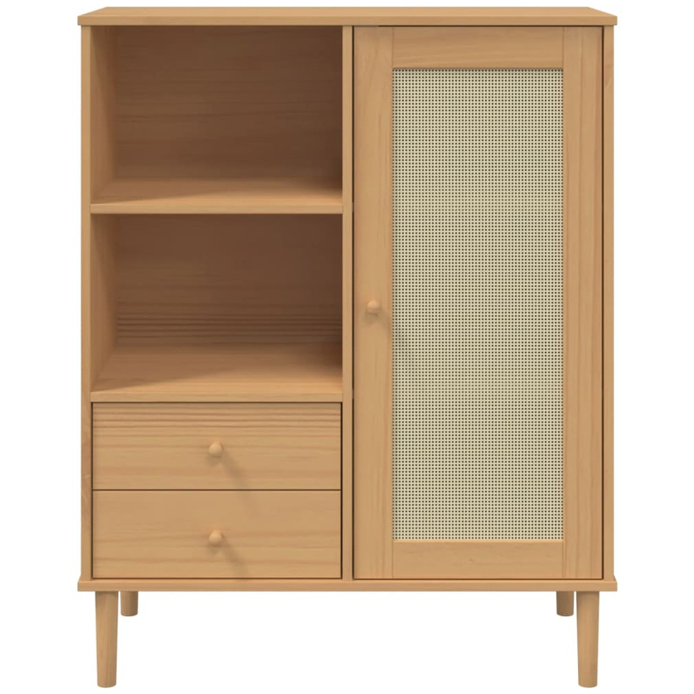 vidaXL Senja Single Door 2 Drawer 2 Shelf Brown Solid Pine Wood Rattan Look Highboard Image 5