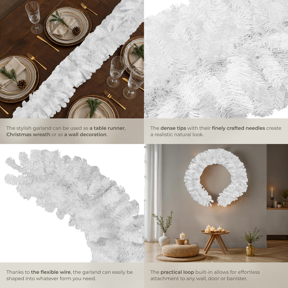 tectake White Lifelike Artificial Christmas Garland 2.7m Image 5