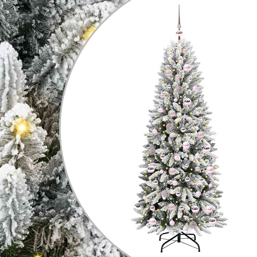vidaXL Pre-Lit Pink Baubles Artificial Snow Flocked Christmas Tree 6ft Image 2