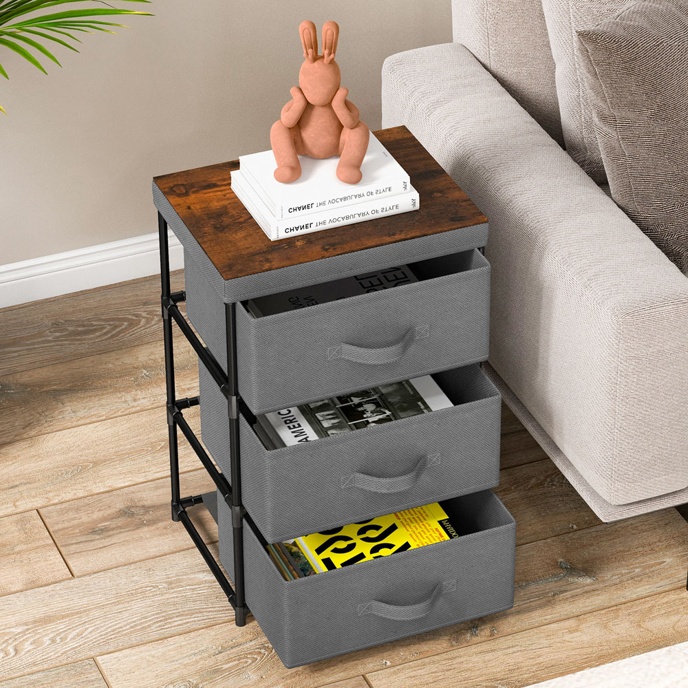 Costway 3 Drawer Grey Fabric Nightstand with Removable Lid Image 4