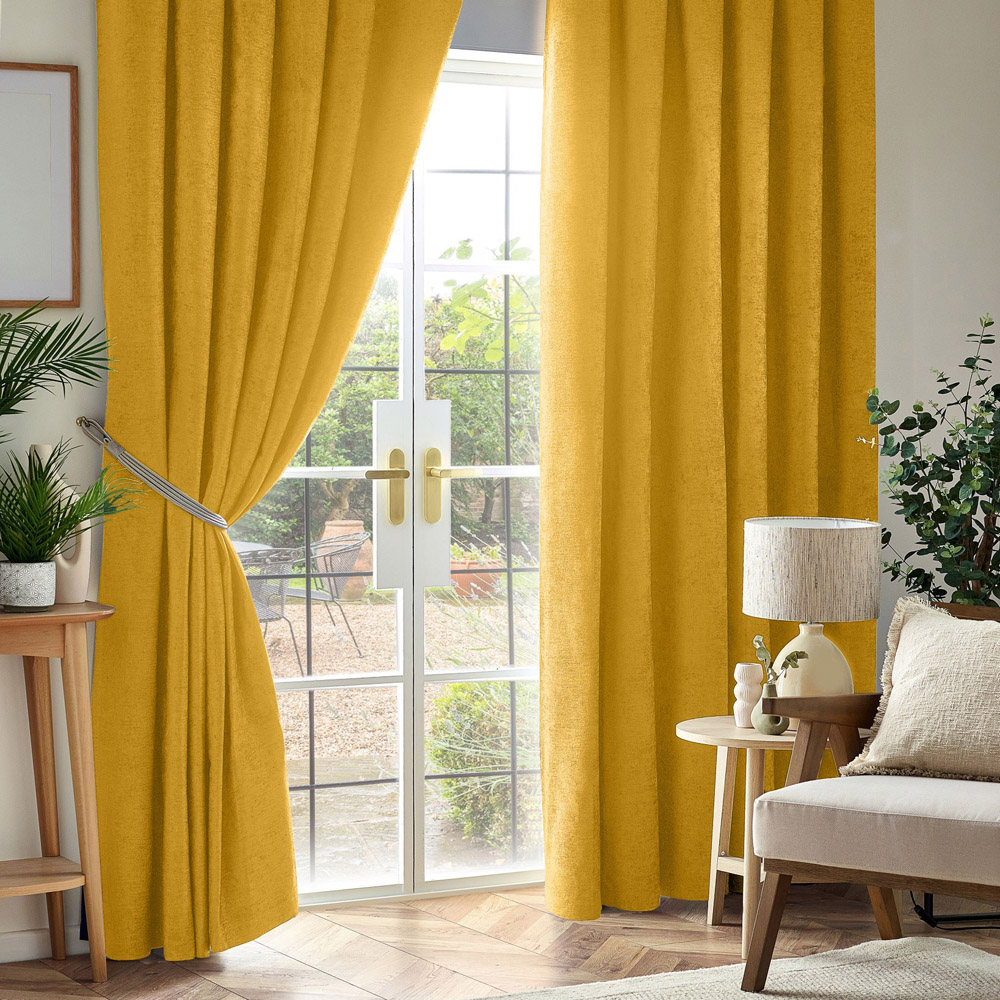 Alan Symonds Ochre Chenille Blackout Pencil Pleat Curtains 117cm x 229cm Image 1