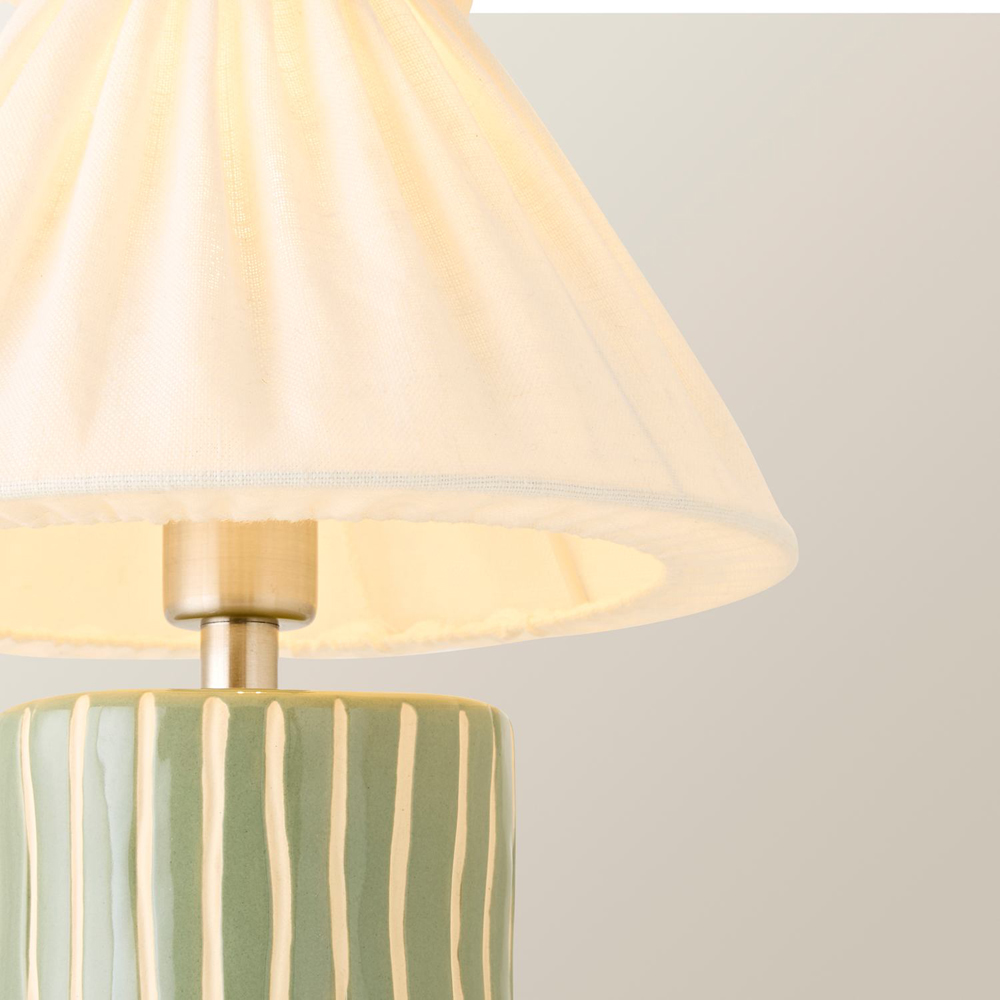 ValueLights Elma Green Stripe Linen Pleated Rechargeable Ceramic Table Lamp Image 3