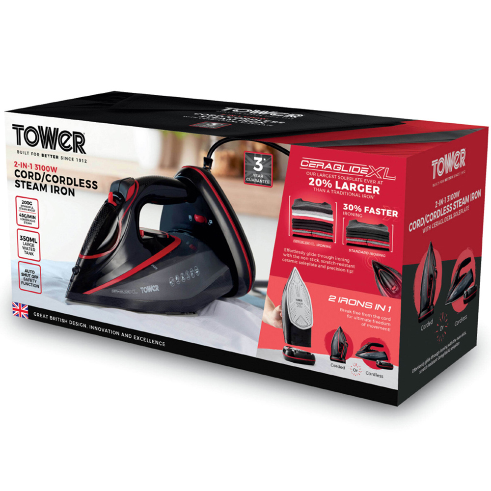 Tower Red and Black Cordless Steam Iron with Extra Large Sole Plate Image 2