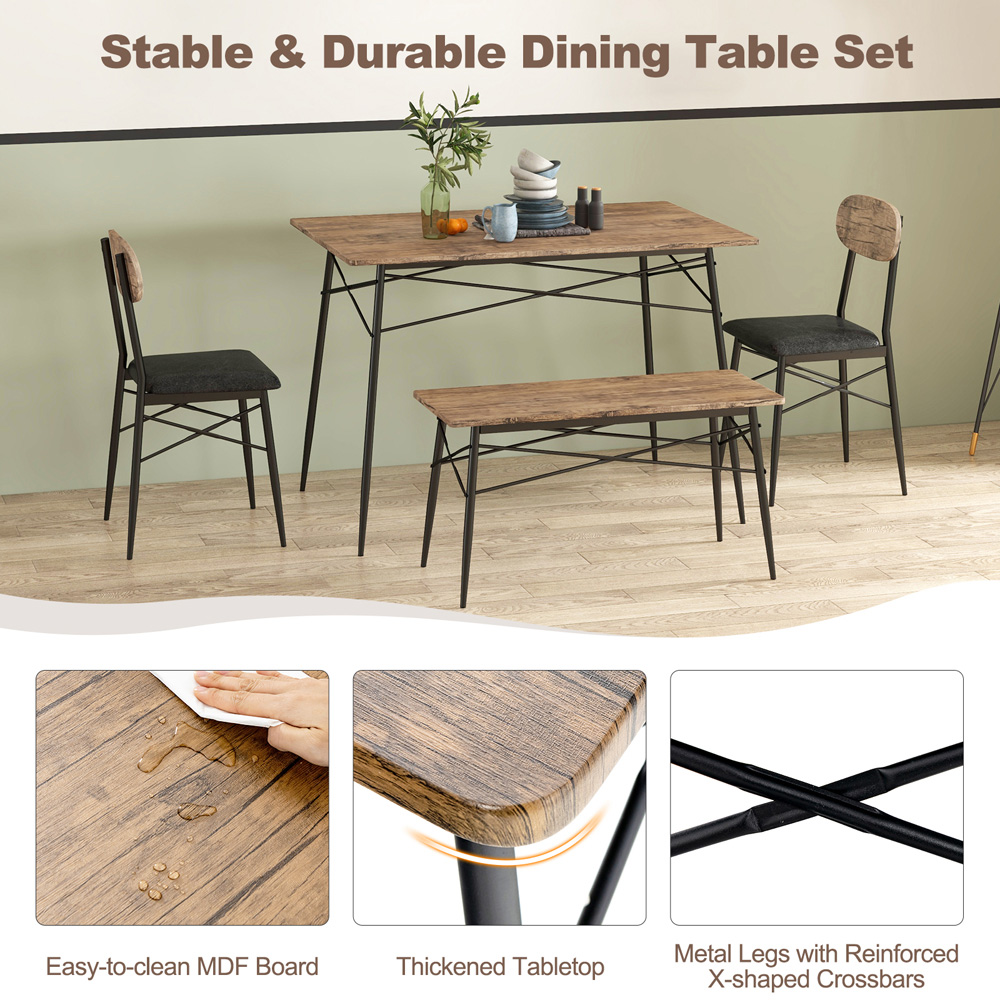 Costway 4 Seater Faux Leather Dining Set with Bench Rustic Brown Image 5