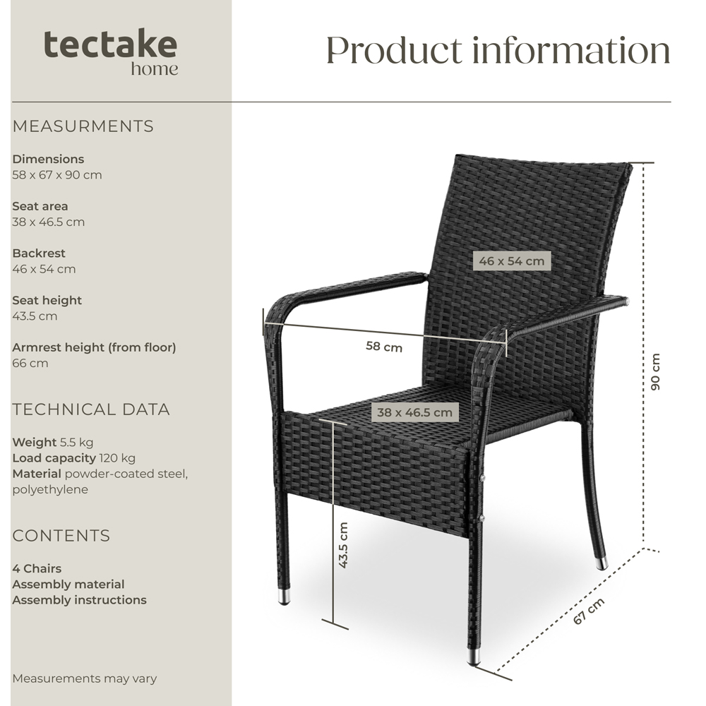 tectake Girona Set of 4 Black Polyrattan Stackable Garden Chair Image 9