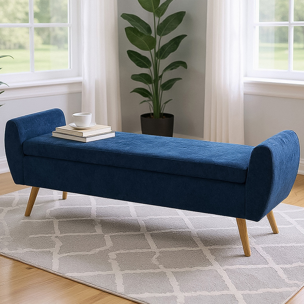 Living and Home Blue Chenille Upholstered Storage Bench Image 1