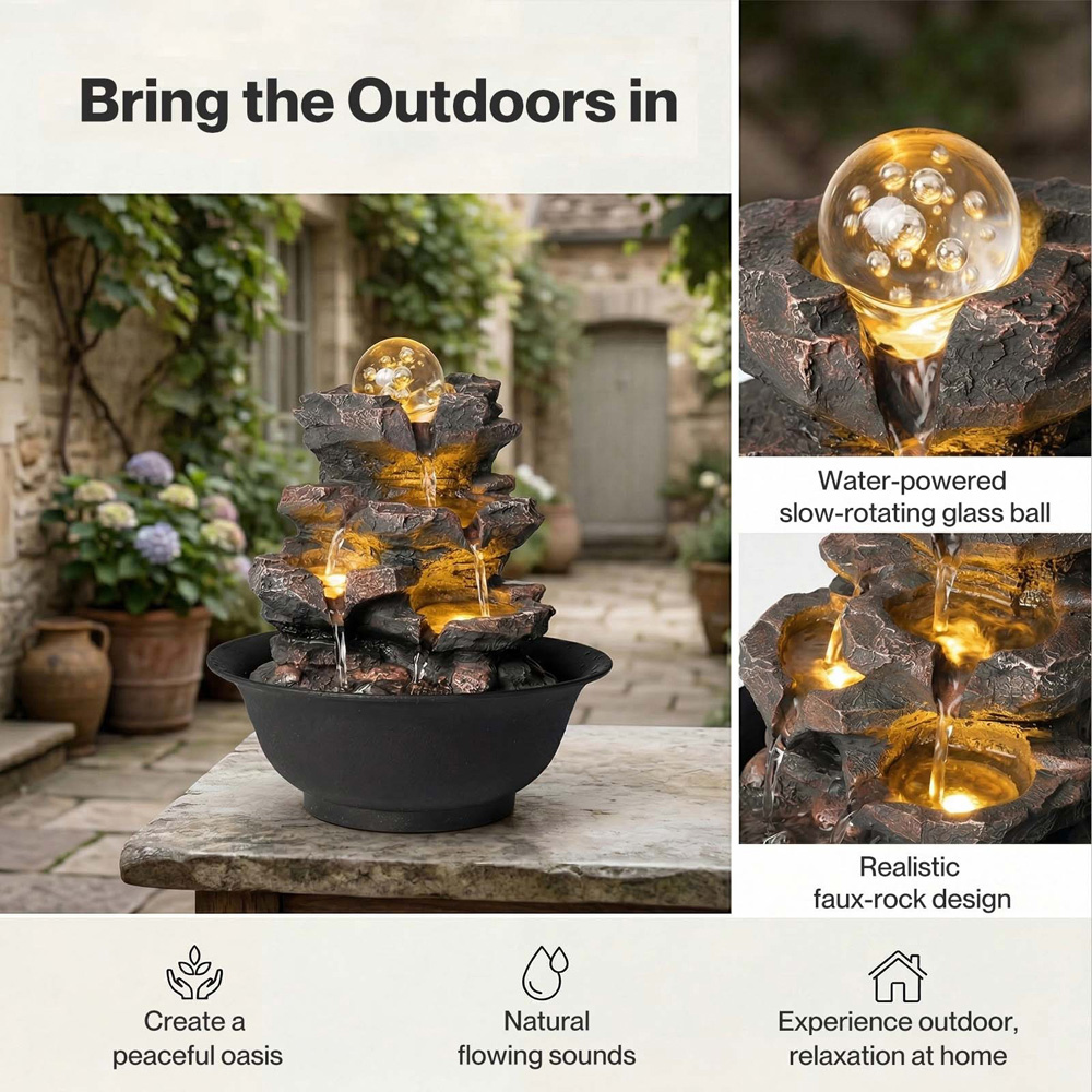 Spector Brown Resin Indoor Tabletop Water Fountain with LED Glass Ball Image 4