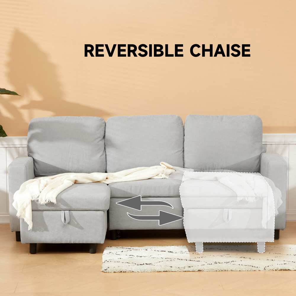 HOMCOM 3 Seater Light Grey L Shaped Convertible Pull Out Corner Sofa Bed with Storage Image 6