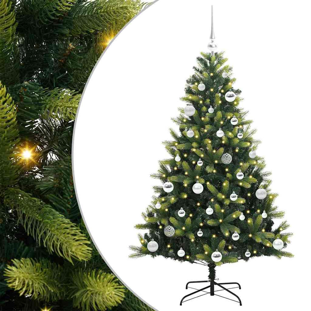 vidaXL Pre-Lit Silver Baubles Green Artificial Hinged Christmas Tree 5ft Image 2
