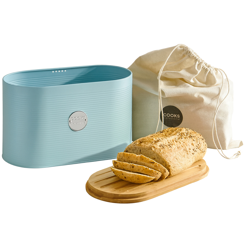 Cooks Professional Blue and Silver Ribbed Bread Bin with Linen Bag and Bamboo Lid Image 1