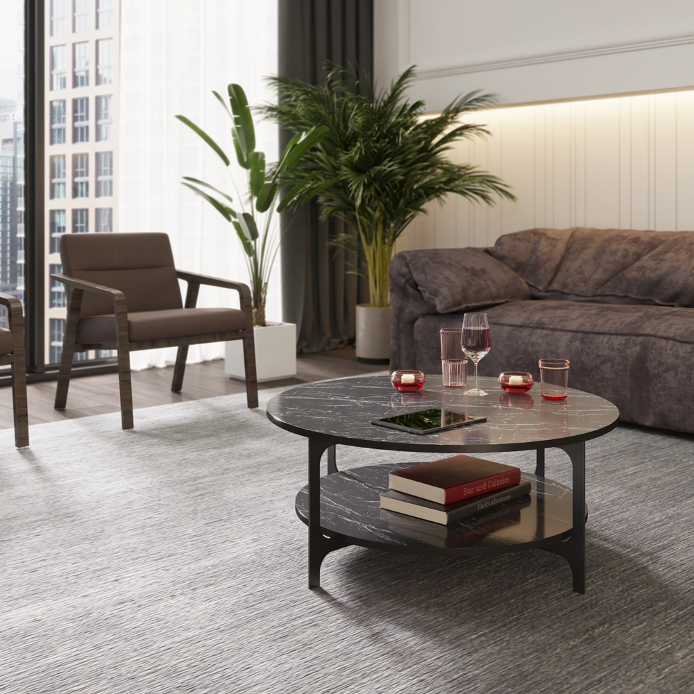 Decorotika Versy Single Shelf Black Marble Effect and Black Metal Leg Round Coffee Table Image 3