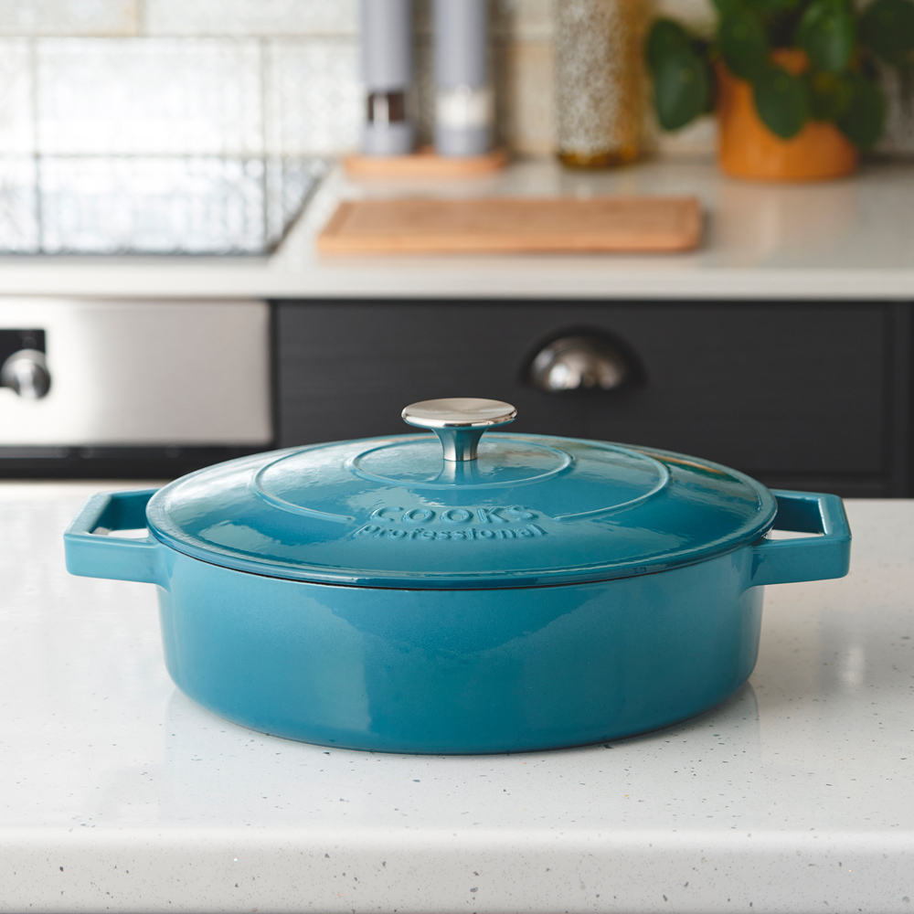 Cooks Professional 28cm Teal Cast Iron Casserole Dish with Lid Image 2