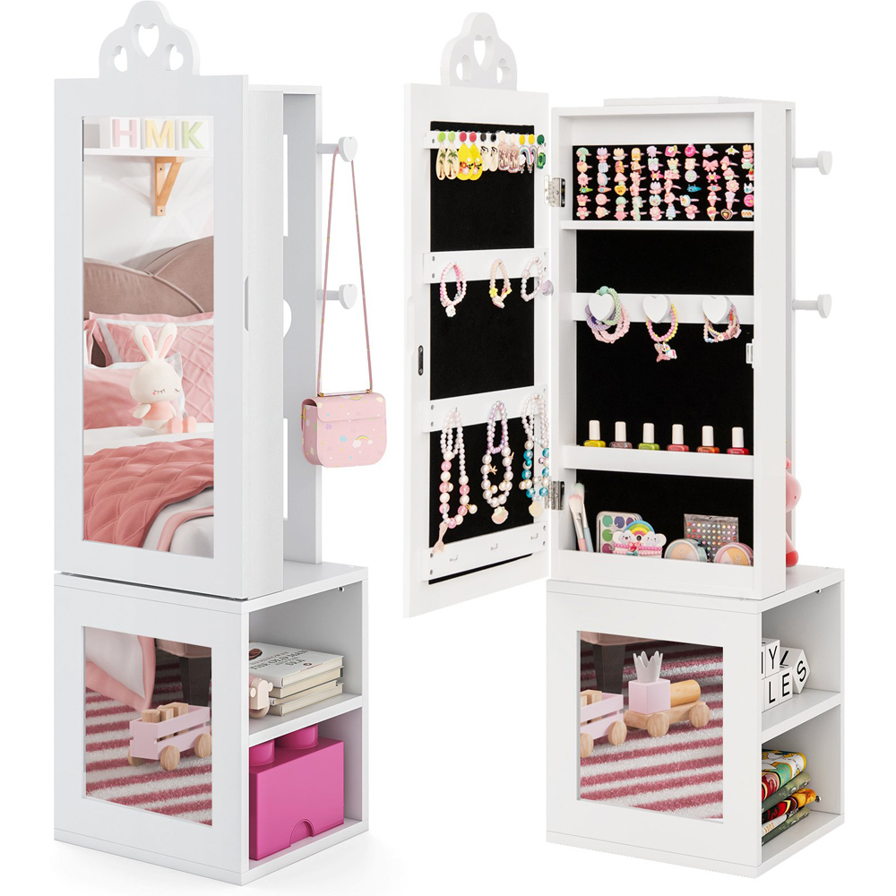 Costway 2 Shelf White Kids Jewellery Armoire Full Length Mirror with Coat Rack Image 2