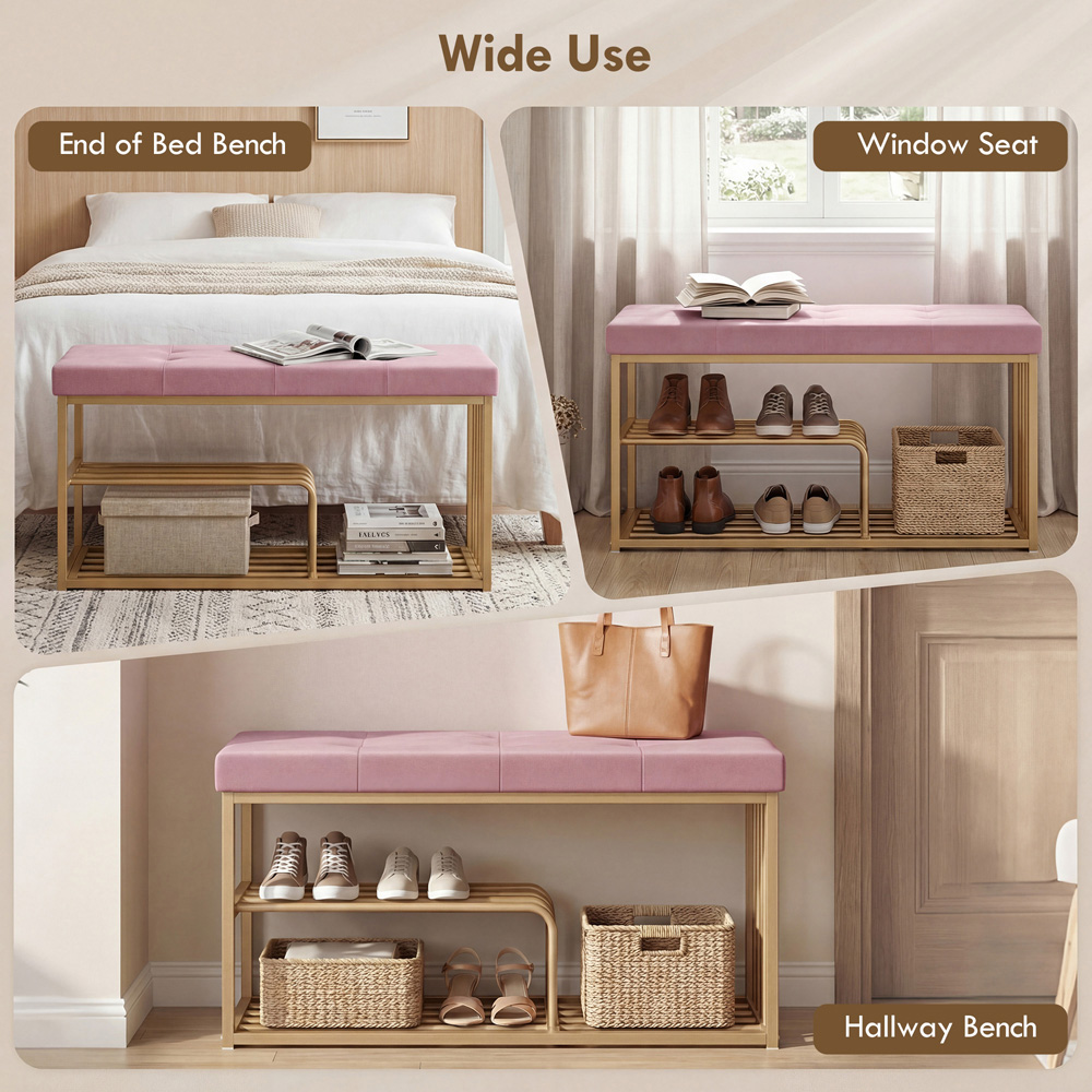 Portland 3 Shelf Pink Shoe Rack Bench with Tufted Cushion Seat Image 6