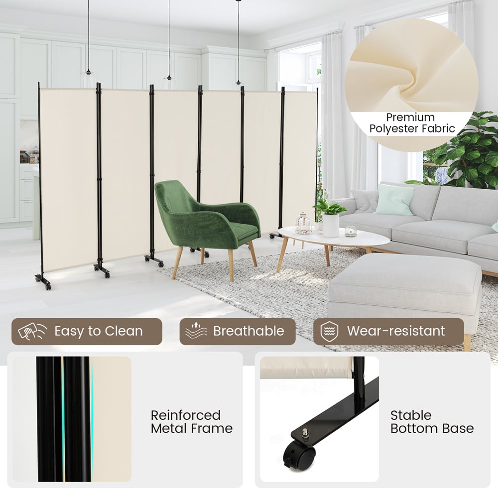 Costway 6 Panel White Room Divider on Wheels Image 6