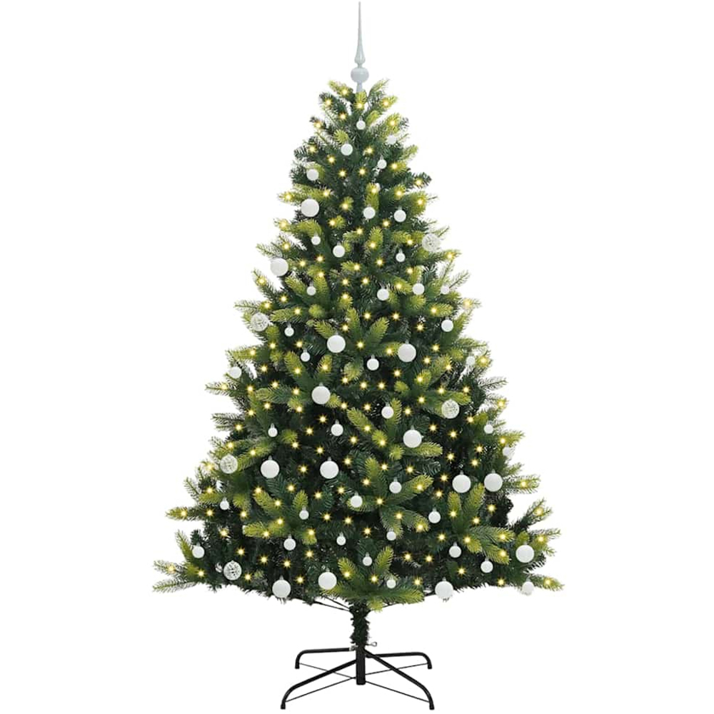 vidaXL Pre-Lit White Baubles Green Artificial Hinged Christmas Tree 6ft Image 1
