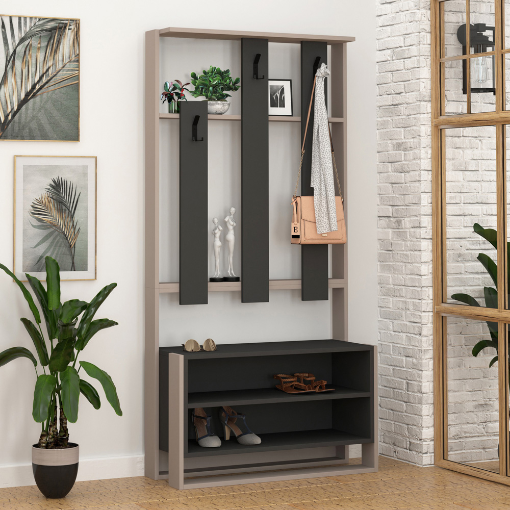 Decortie Chester 5 Shelf Mocha Grey and Anthracite Grey Hallway Coat Rack with Shoe Stand Image 2