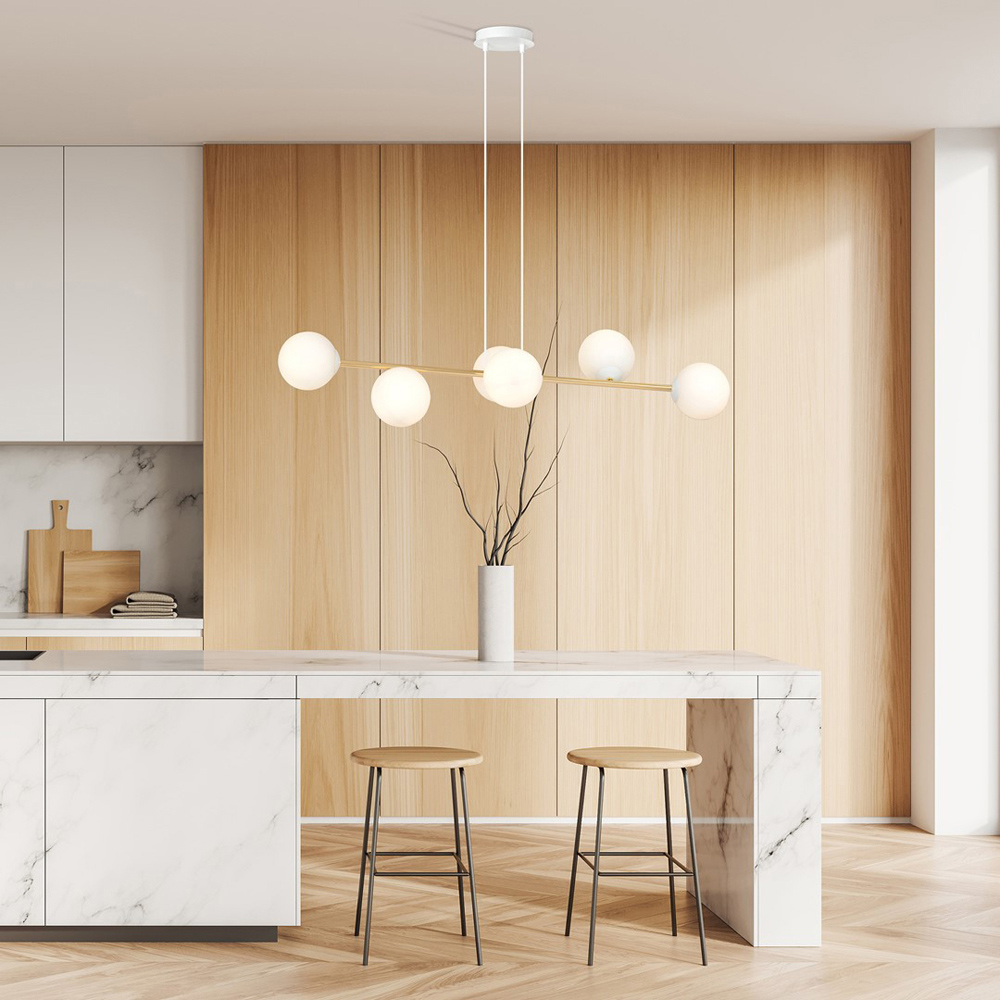 Emibig Gravity 6 Light White Shade White and Gold E14 Ceiling Pendant Light Image 4