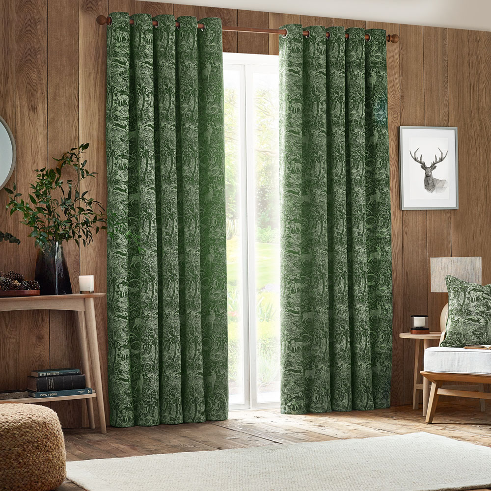 furn. Winter Woods Emerald Animal Chenille Eyelet Curtains 229 x 137cm Image 1