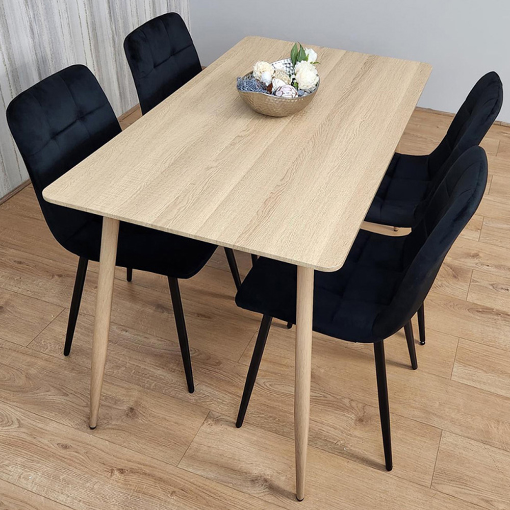 Portland 4 Seater Velvet Dining Set Wood Effect and Black Image 1