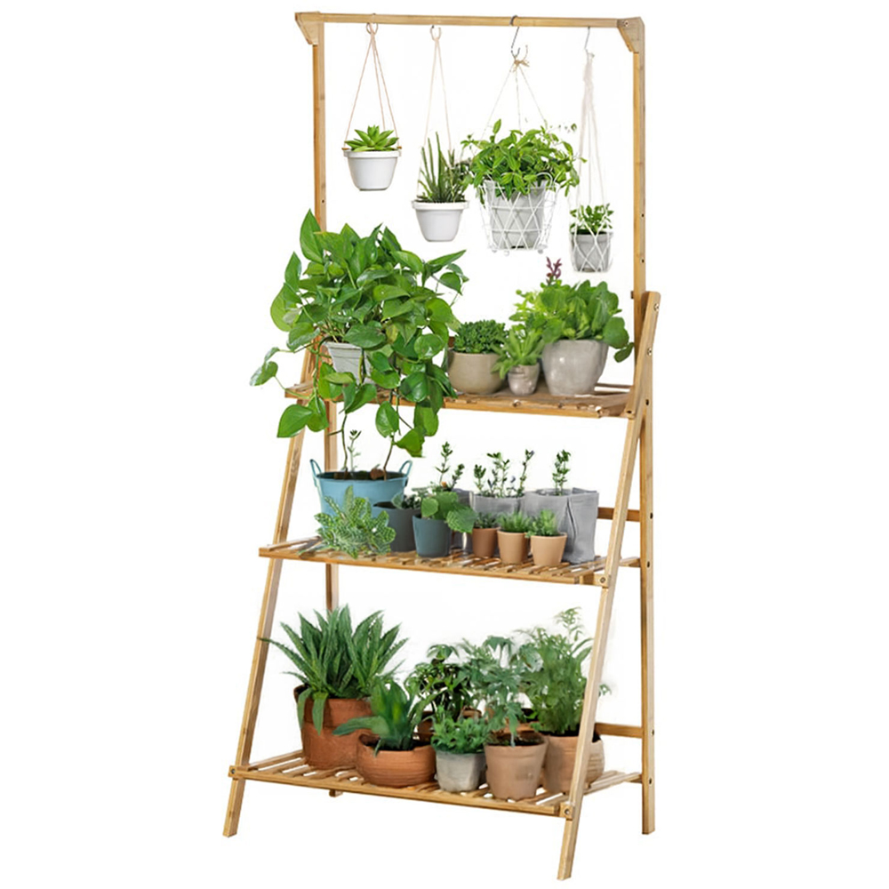 Neo 3 Tier Foldable Bamboo Plant Stand with Hanging Hook Image 3