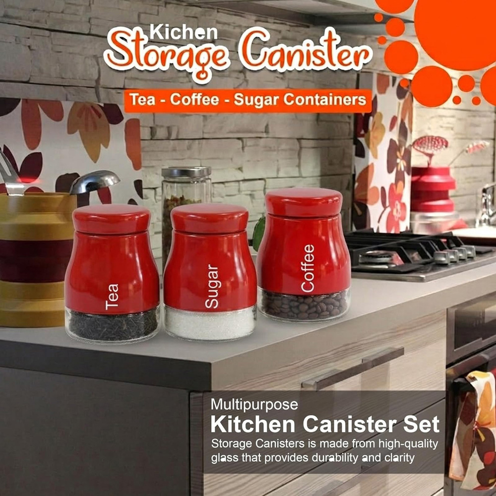 ATEK 3 Piece Tea Coffee and Sugar Red Kitchen Canister Set Image 6