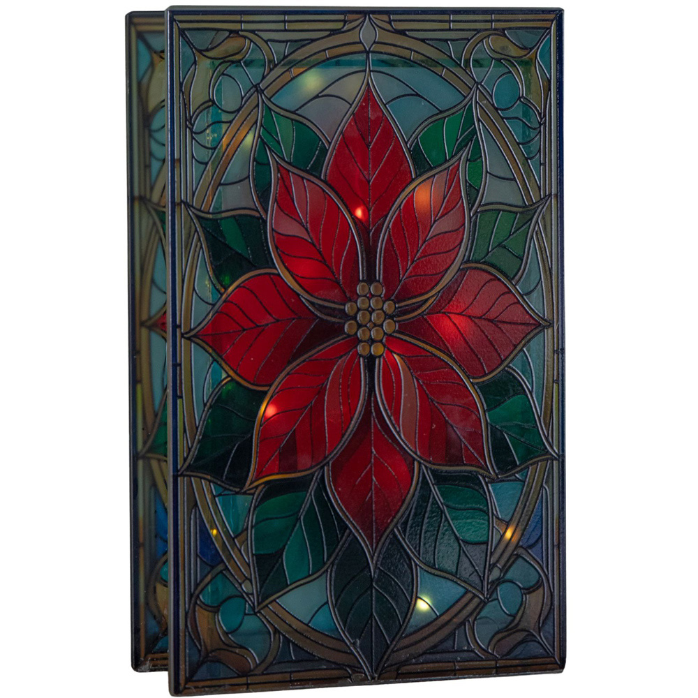 Samuel Alexander Warm White LED Double Sided Stained Glass Light Up Poinsettia Decoration Image 2