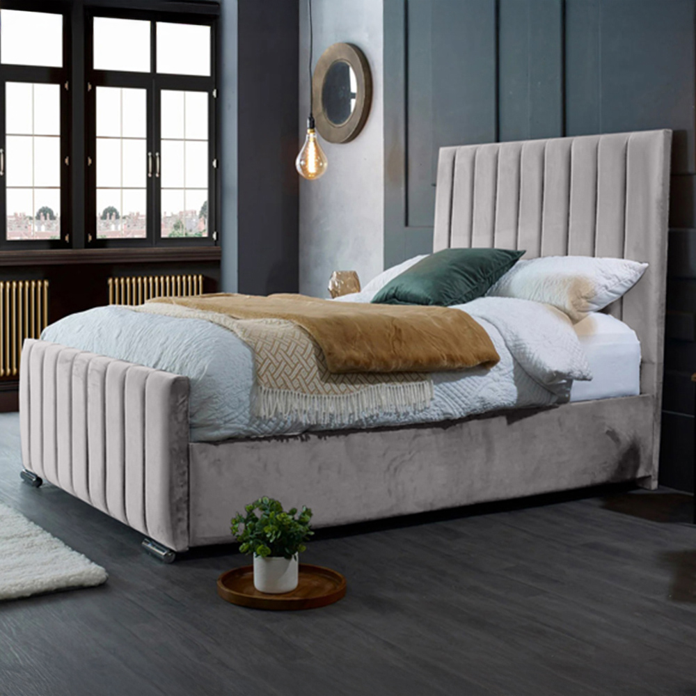 Eleganza Home Redding King Size Silver Plush Velvet Bed Frame with Headboard Image 1