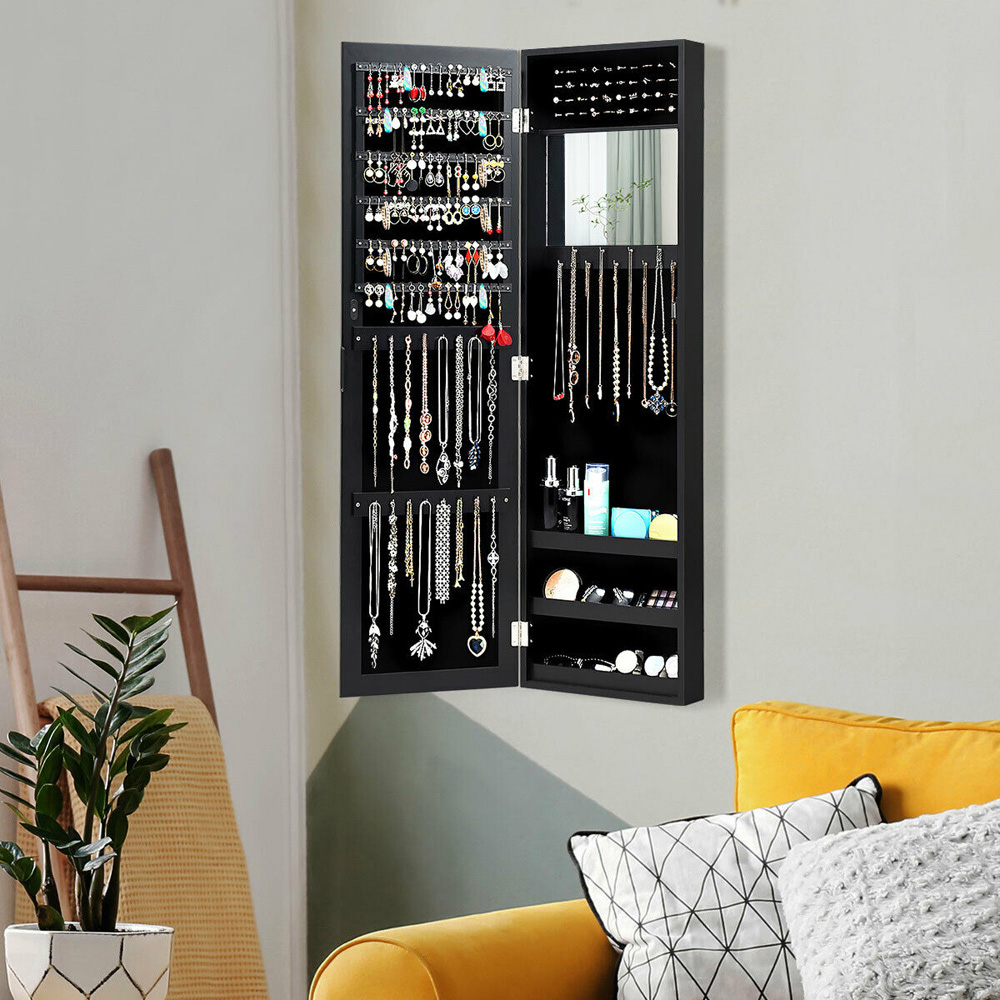 Costway Single Door 3 Shelf Black Wall Mounted Jewellery Armoire with Mirror Image 8