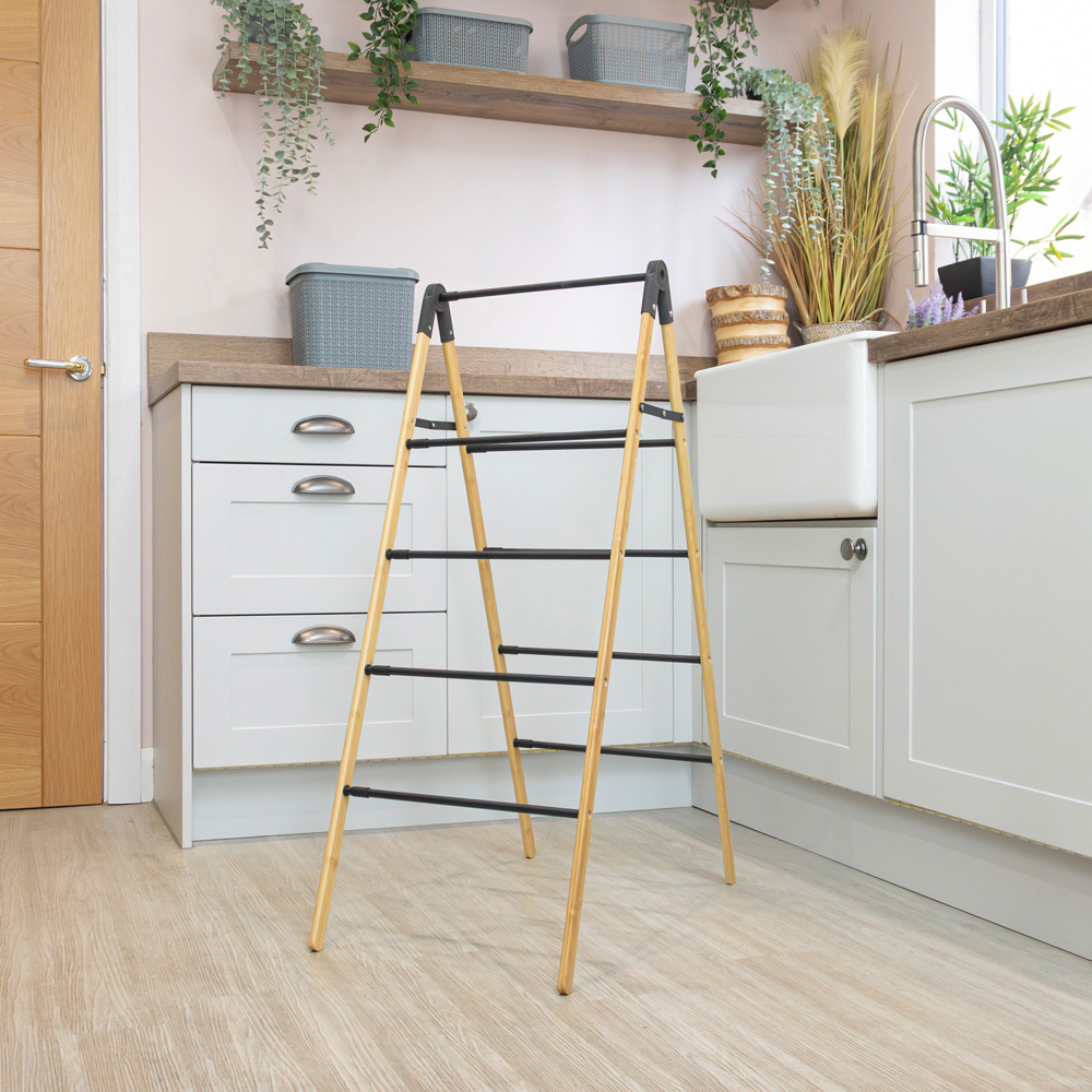 JVL 4-Tier Black and Bamboo Extendable Clothes Ladder 6m Image 2