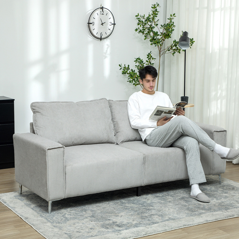HOMCOM 3 Seater Light Grey Upholstered Corduroy Sofa Image 4