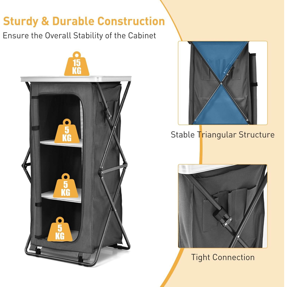 Costway 3 Shelf L Size Grey Foldable Camping Storage Cabinet with Carry Bag Image 4