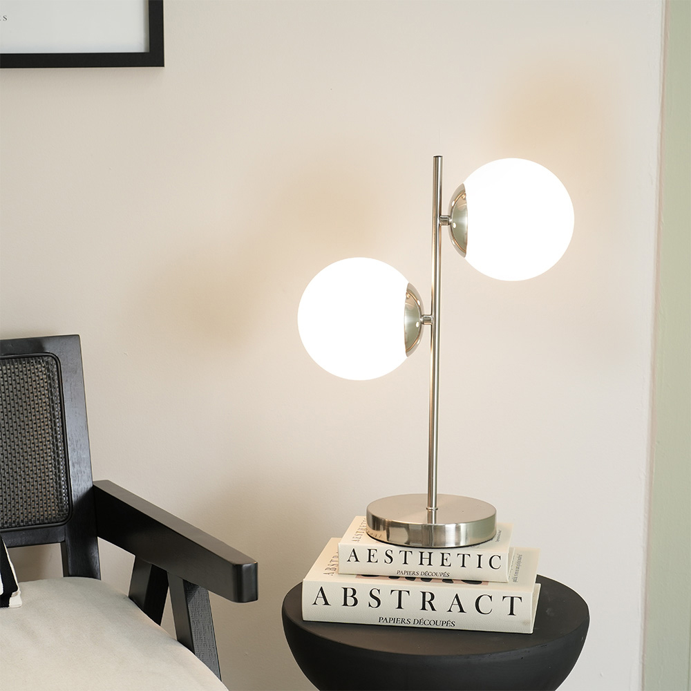 ValueLights Jas 2 Way Opal White Frosted Glass Globe Shade Silver Chrome LED Table Lamp Image 2
