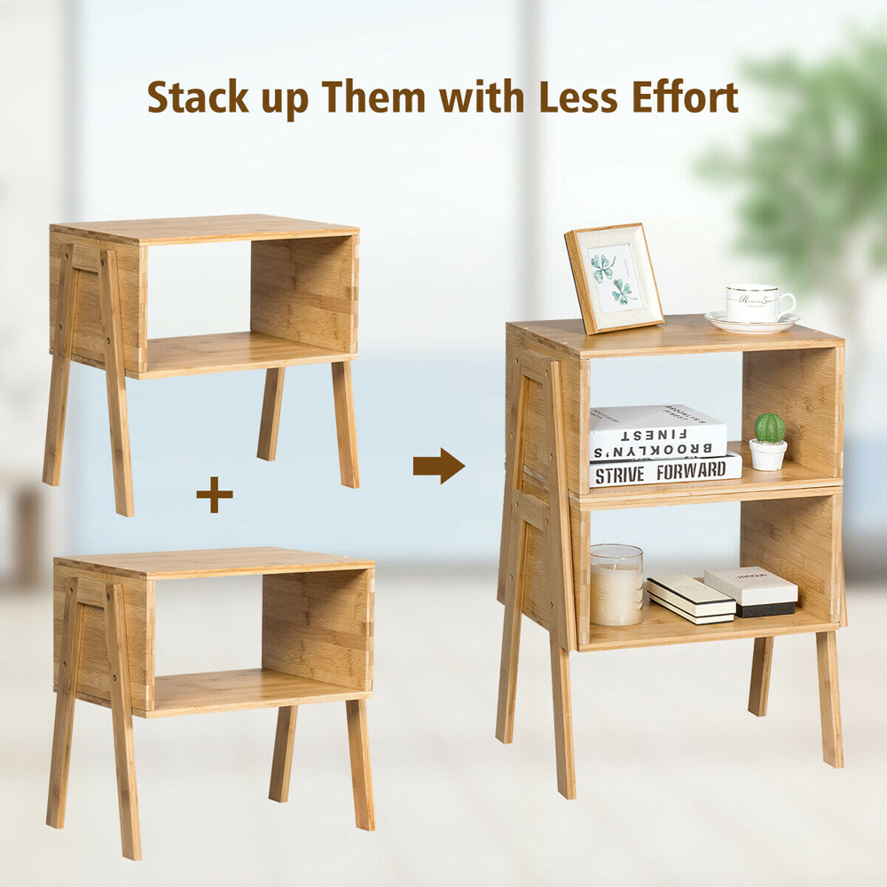 Costway Single Shelf  Stackable Bedside Table Set of 2 Image 6