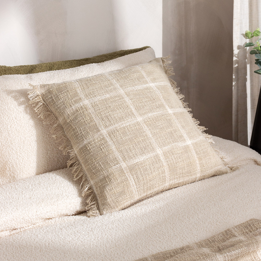Yard Beni Stone and Natural Check Fringed Cushion Image 2