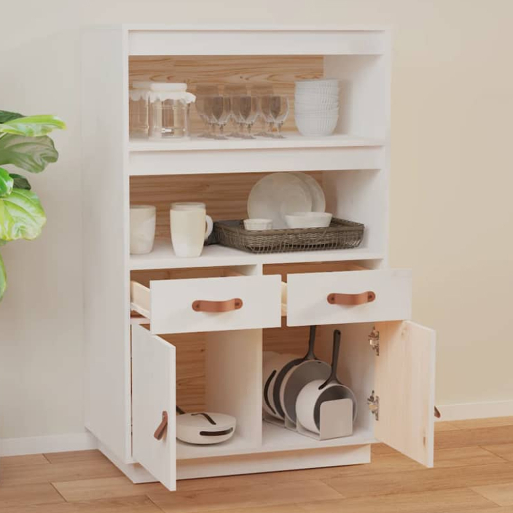 vidaXL 2 Door 2 Drawer 2 Shelf White Solid Pine Highboard Image 1