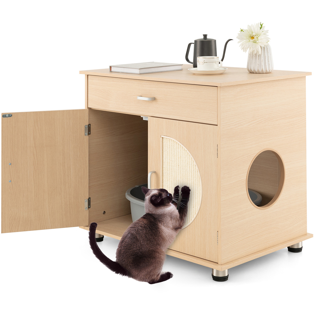 Costway Natural Cat Litter Box Enclosure with Sisal Scratching Doors Image 3