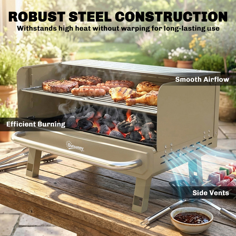 Outsunny Khaki Portable Barbecue Grill with Adjustable Grates and Side Shelf Image 4