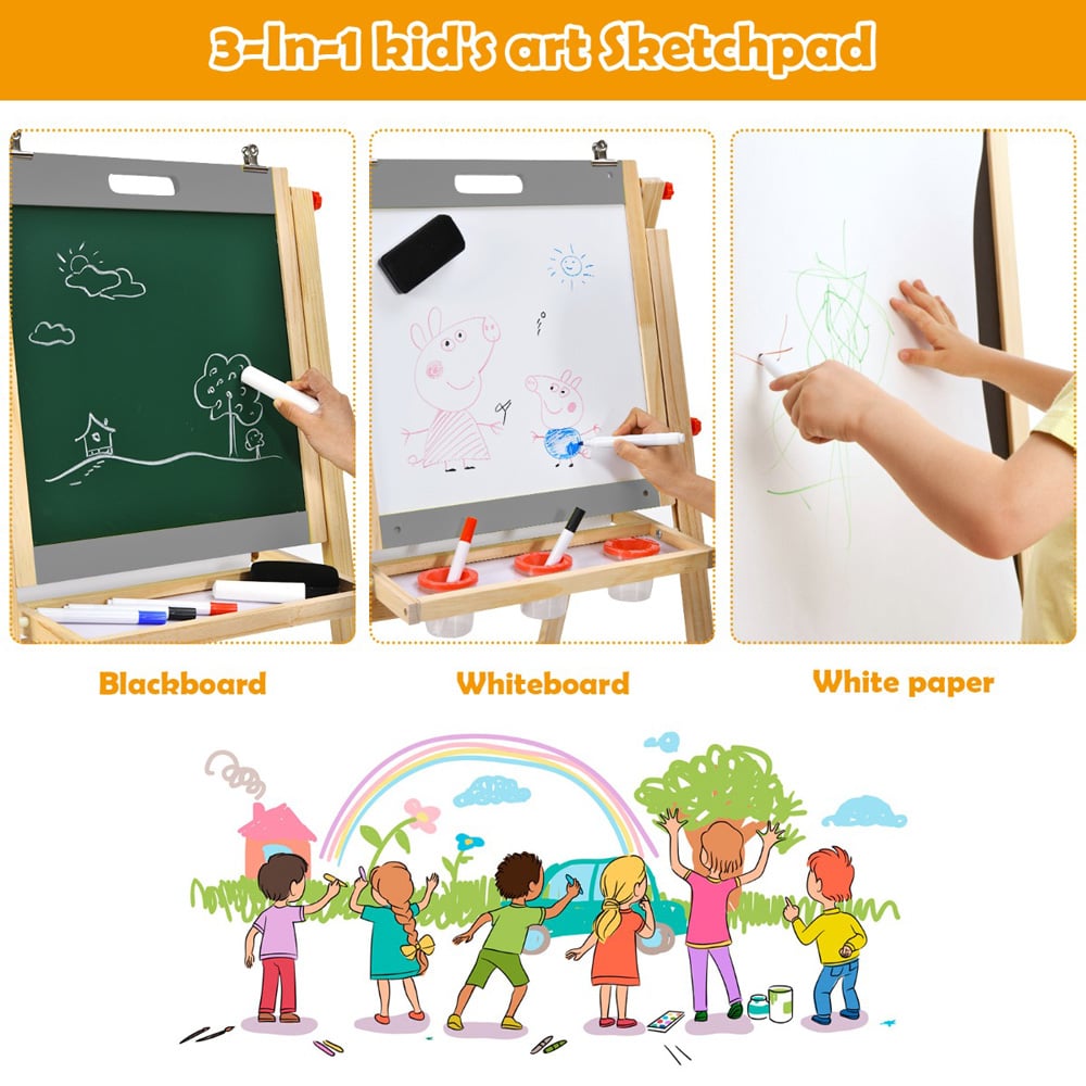 Costway 3 in 1 Grey Kids Double Sided Wooden Art Easel Image 7