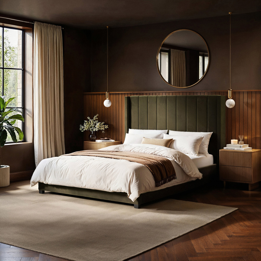 Flair Tiggy King Size Khaki Velvet Ottoman Bed with Winged Headboard Image 6