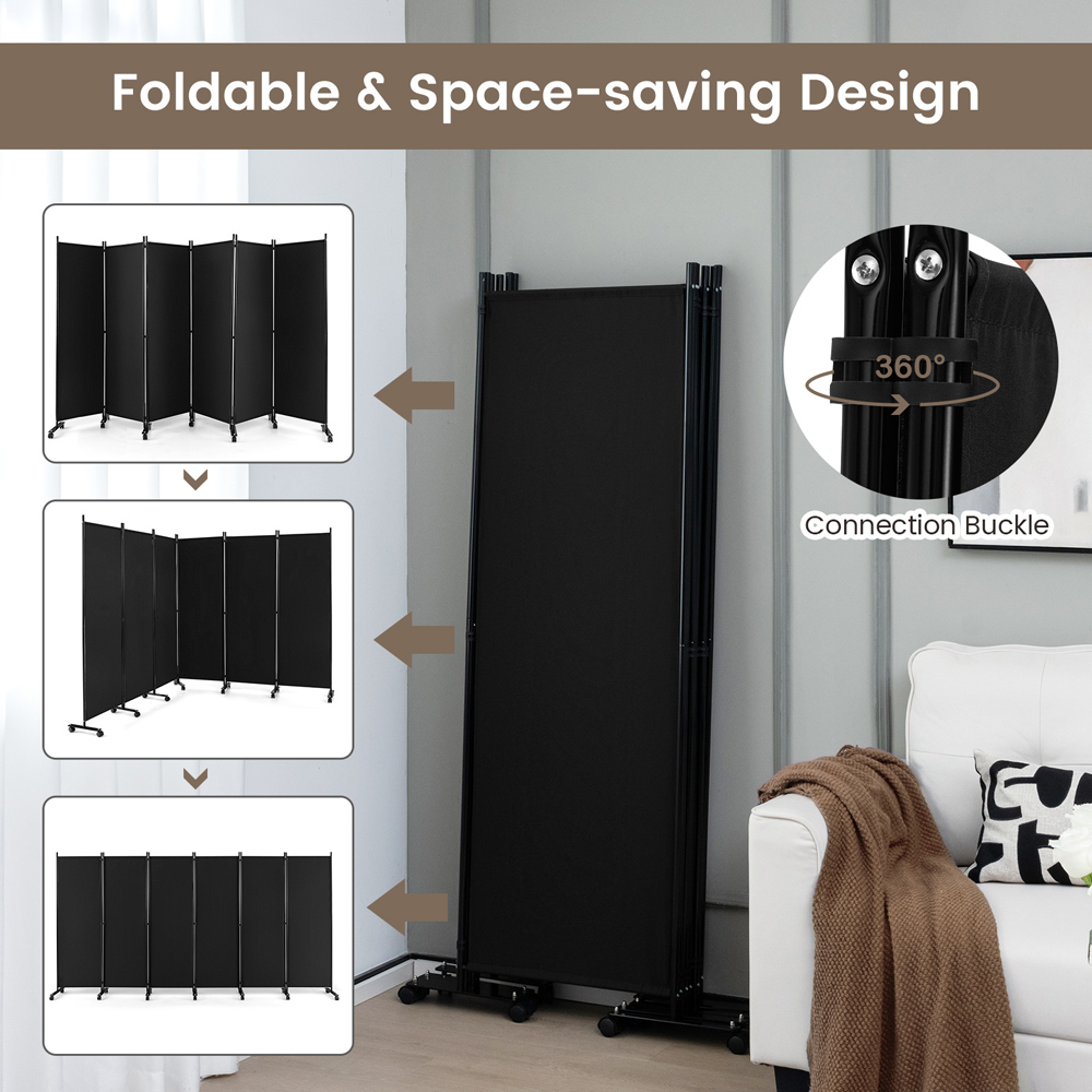 Costway 6 Panel Black Room Divider on Wheels Image 6