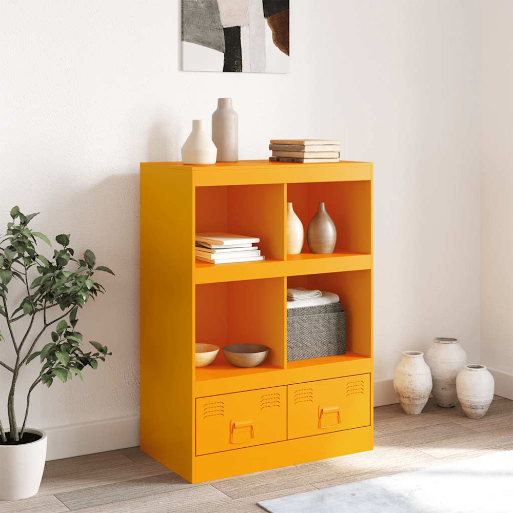 vidaXL 2 Drawer 4 Open Shelf Mustard Yellow Steel Highboard with Metal Handles Image 9