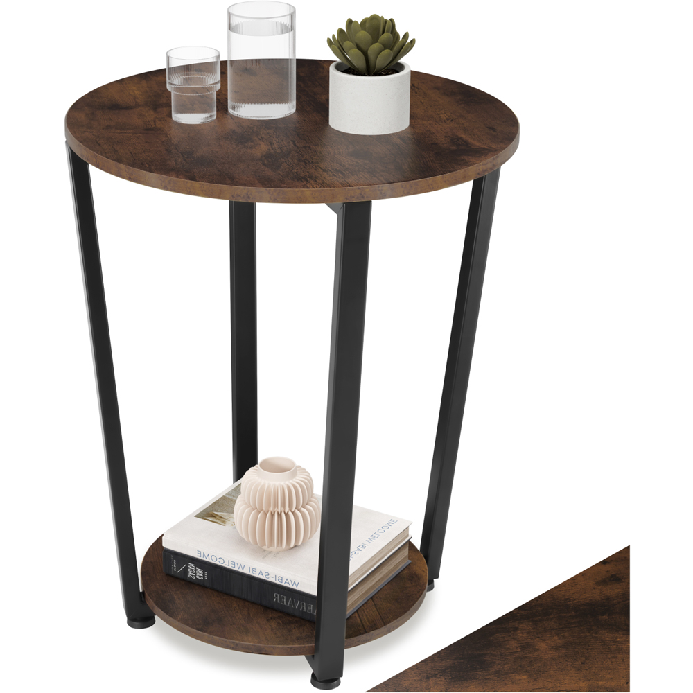 Tectake Swindon Single Shelf Round Rustic Dark Wood Bedside Table Image 2
