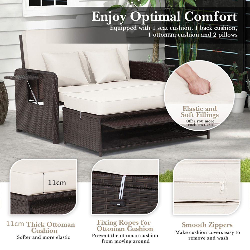 Costway 2 Seater Ratan Wicker White Loveseat Sofa with Ottoman and Side Tray Image 8