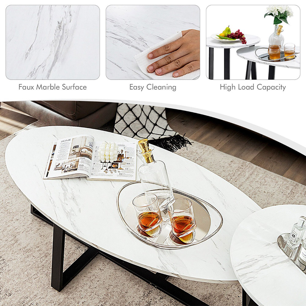 Costway White Faux Marble Oval and Round Coffee Table Set of 2 Image 5