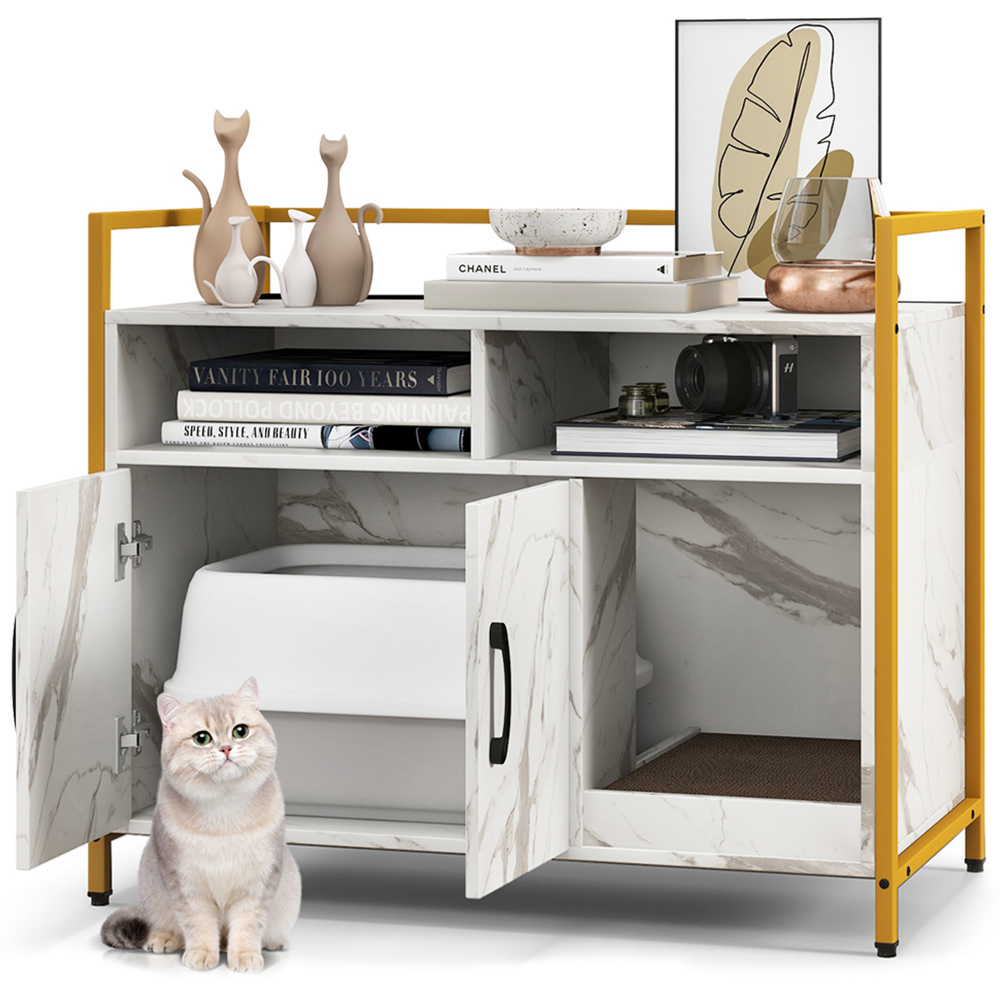 Costway Marble White Wooden Cat Litter Box Image 1