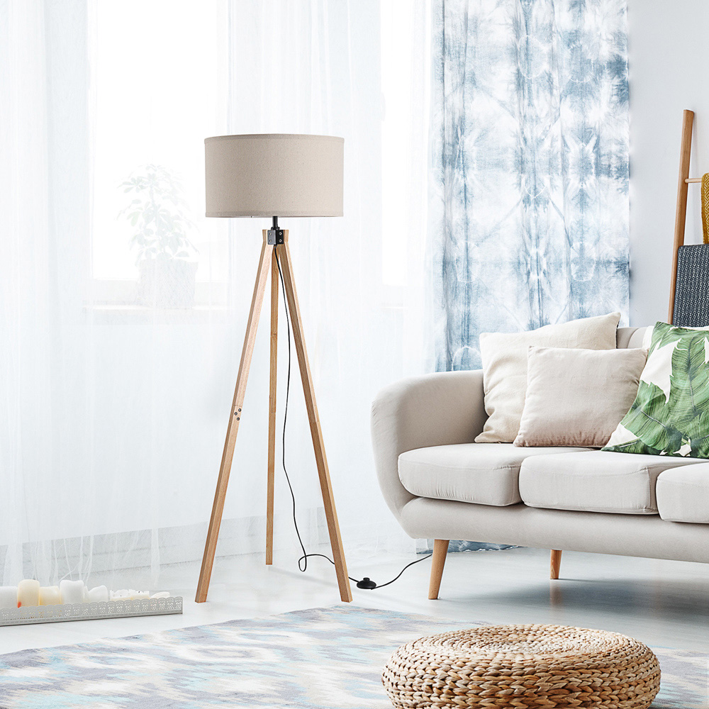 Portland Beige Wood Tripod Floor Lamp Image 2